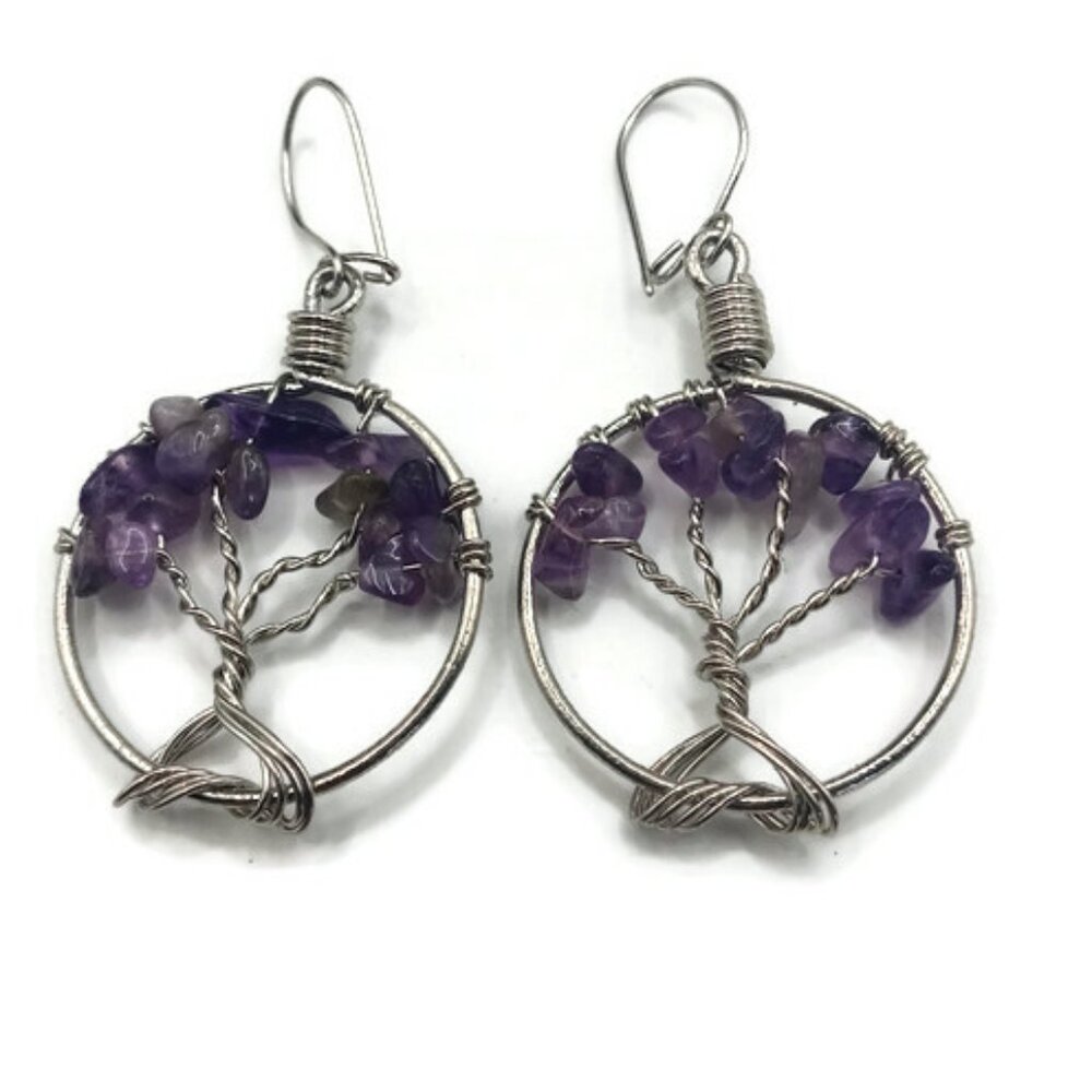Handmade Tree of Life Natural Stone Amethyst Earrings